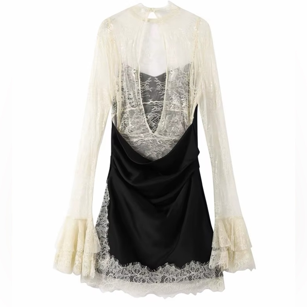 Luxurious Black satin and ivory cream lace contrast mini dress long sleeve - Picture 6 of 8